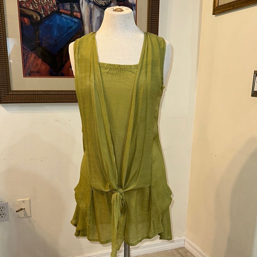 Papillon Green Sleeveless Gauze Tie-Front Tunic Size Medium